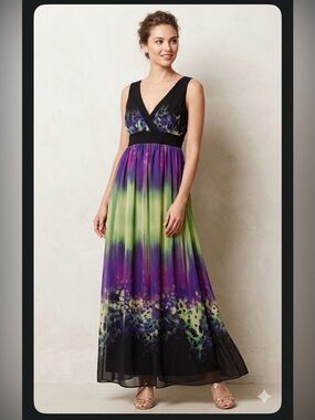 AGB Dress Vibrant Tie-Dye Chiffon Maxi - Black V-Neck Bodice - Size 12